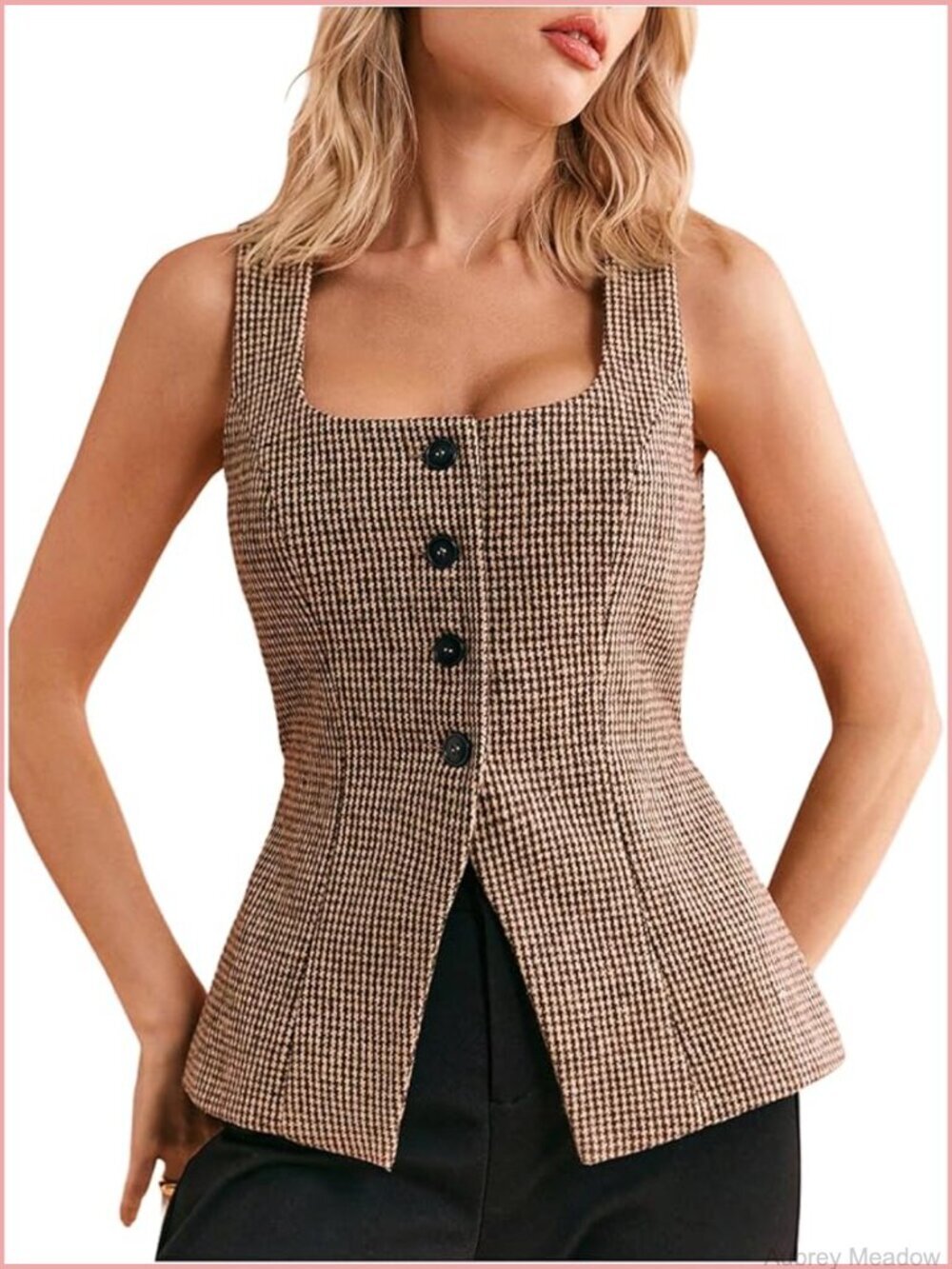 Vintage Tweed Blazer Vest Sleeveless Square Neck Button Cardigan Western